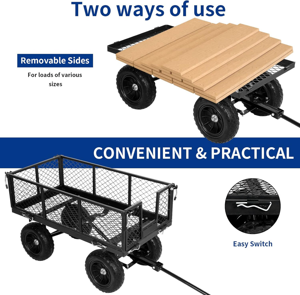 10" Flat Free Tires Heavy Duty Garden Cart with 180° Rotating Handle and Removable Sides, 4 Cu.Ft 880 lbs Capacity