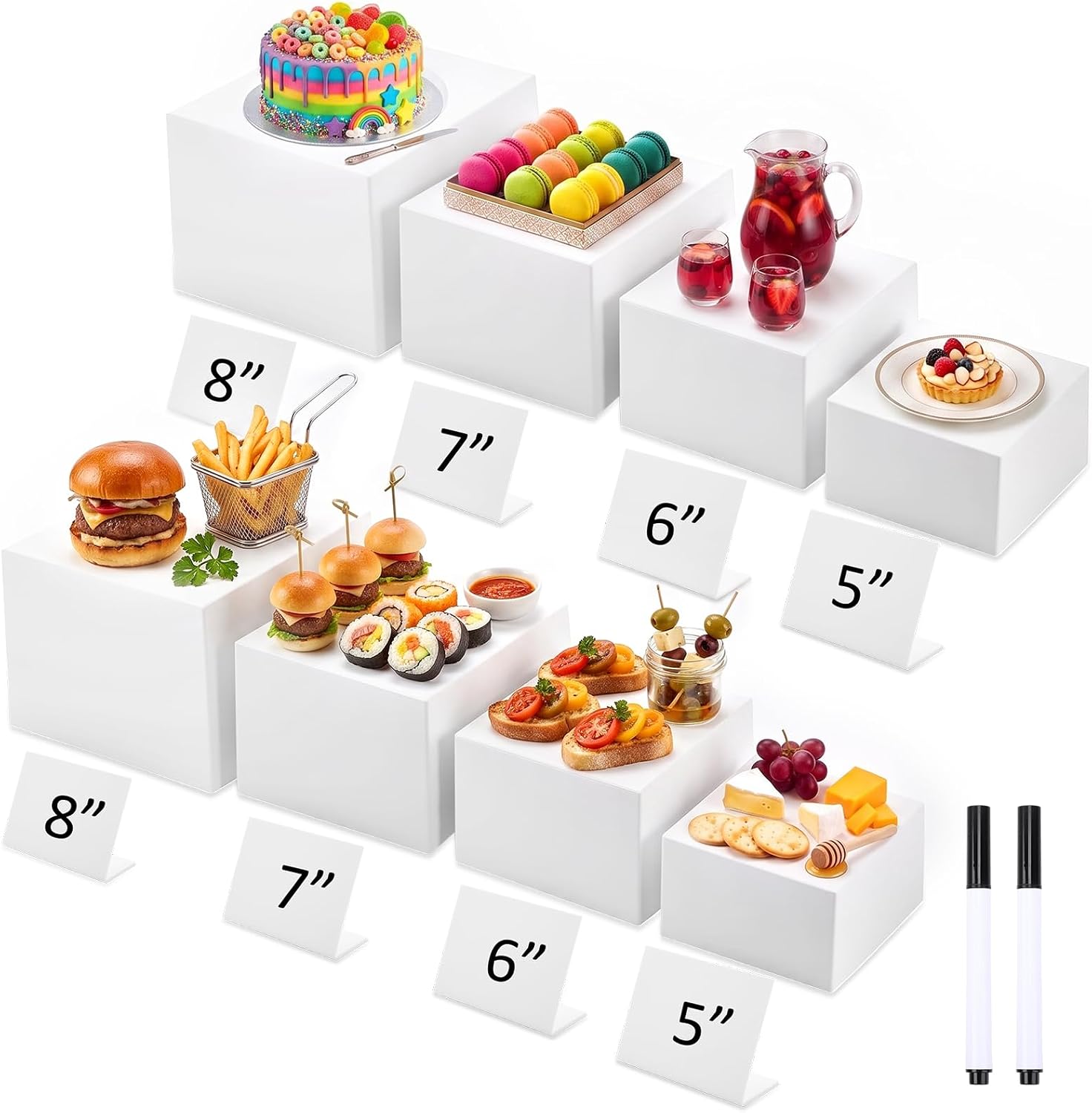 8 Pcs White Acrylic Buffet Risers with Mini Sign Marker(5" 6" 7" 8") | Food Dessert Display Stand, Decorative Cube Box