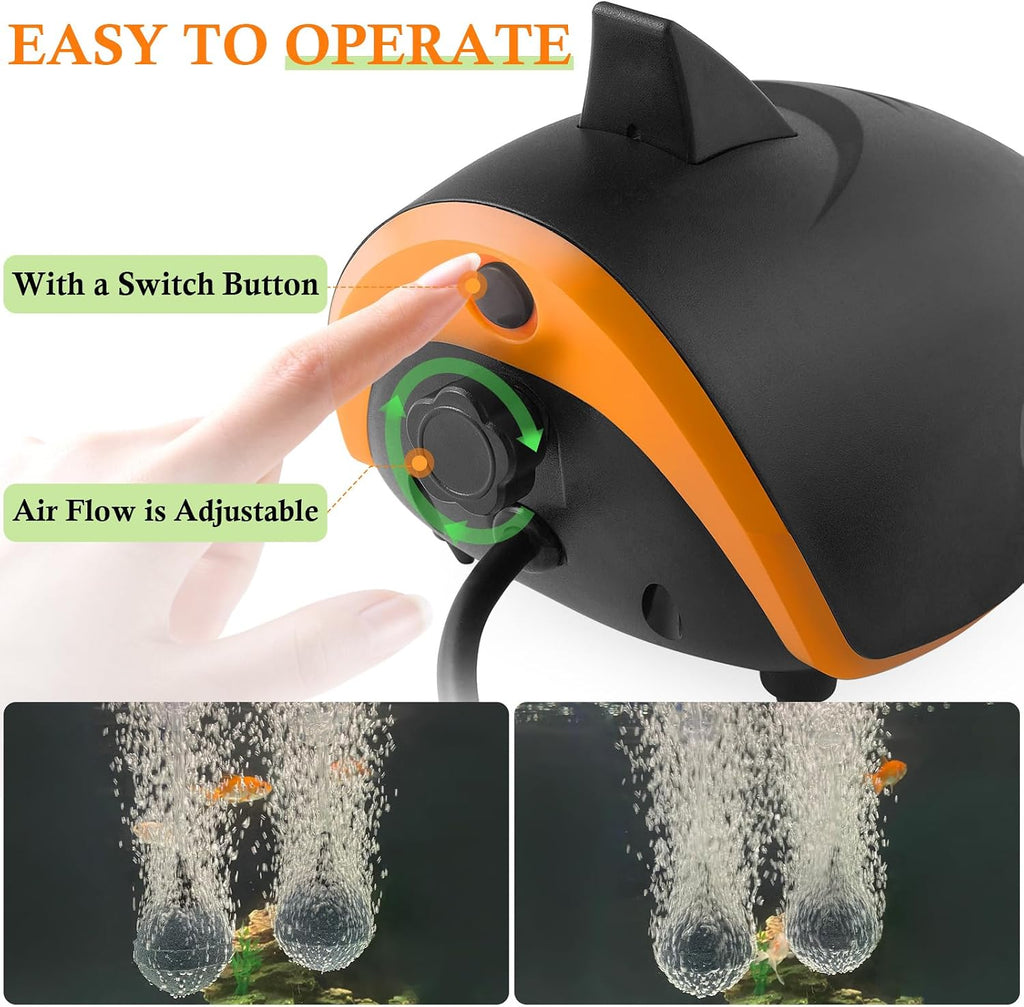 4W 110GPH Powerful Aquarium Air Pump, Quiet 2-outlets Aquarium Aerator, Adjustable Fish Tank Air Pump with