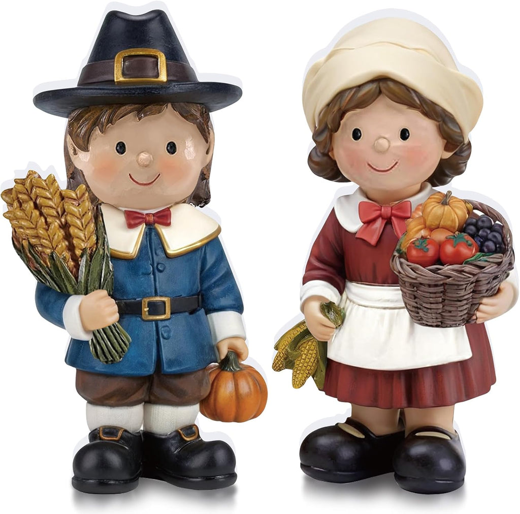 2 Pcs Fall Figurine Decor Pilgrim Figurine Autumn Statue Wooden Thanksgiving Boy and Girl Family Harvest Table
