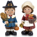 2 Pcs Fall Figurine Decor Pilgrim Figurine Autumn Statue Wooden Thanksgiving Boy and Girl Family Harvest Table
