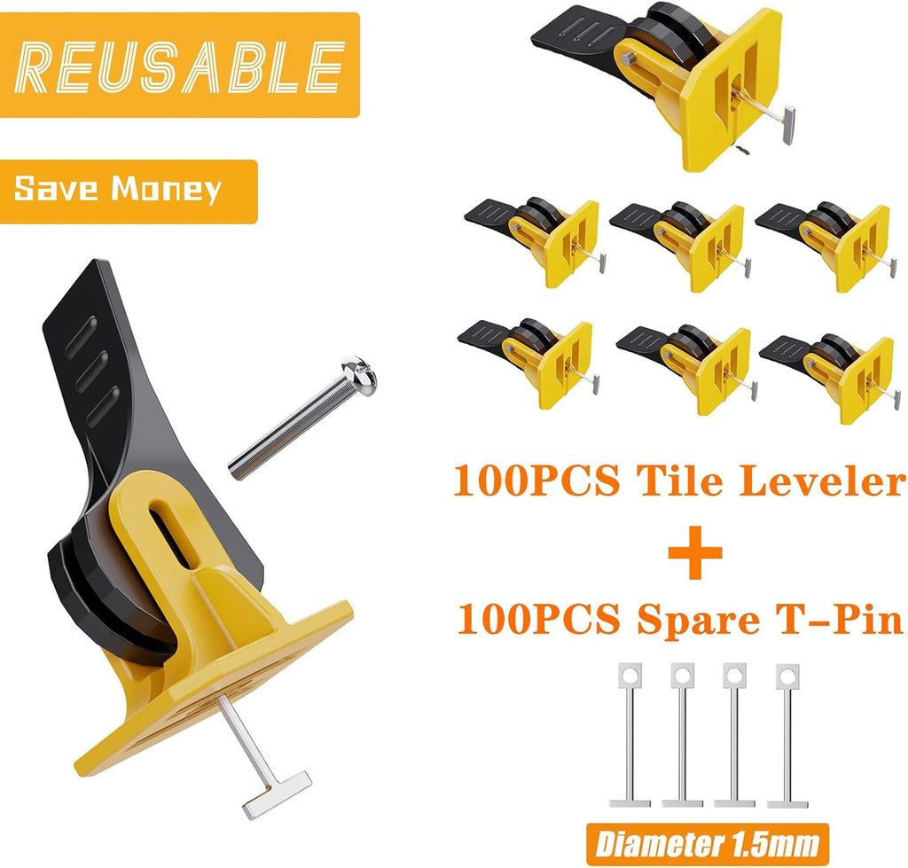 Tile Leveling System Kit Tile Spacers 100pcs Reusable Leveler+Extra 100pcs Replaceable Steel Pin Tlie Tools