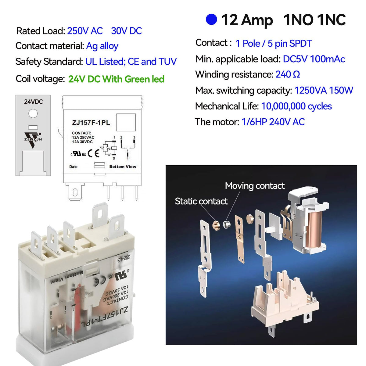 UL Listed 12A Electromagnetic Power Relay Din Rail Socket 5Pin 24 DC 6Pcs