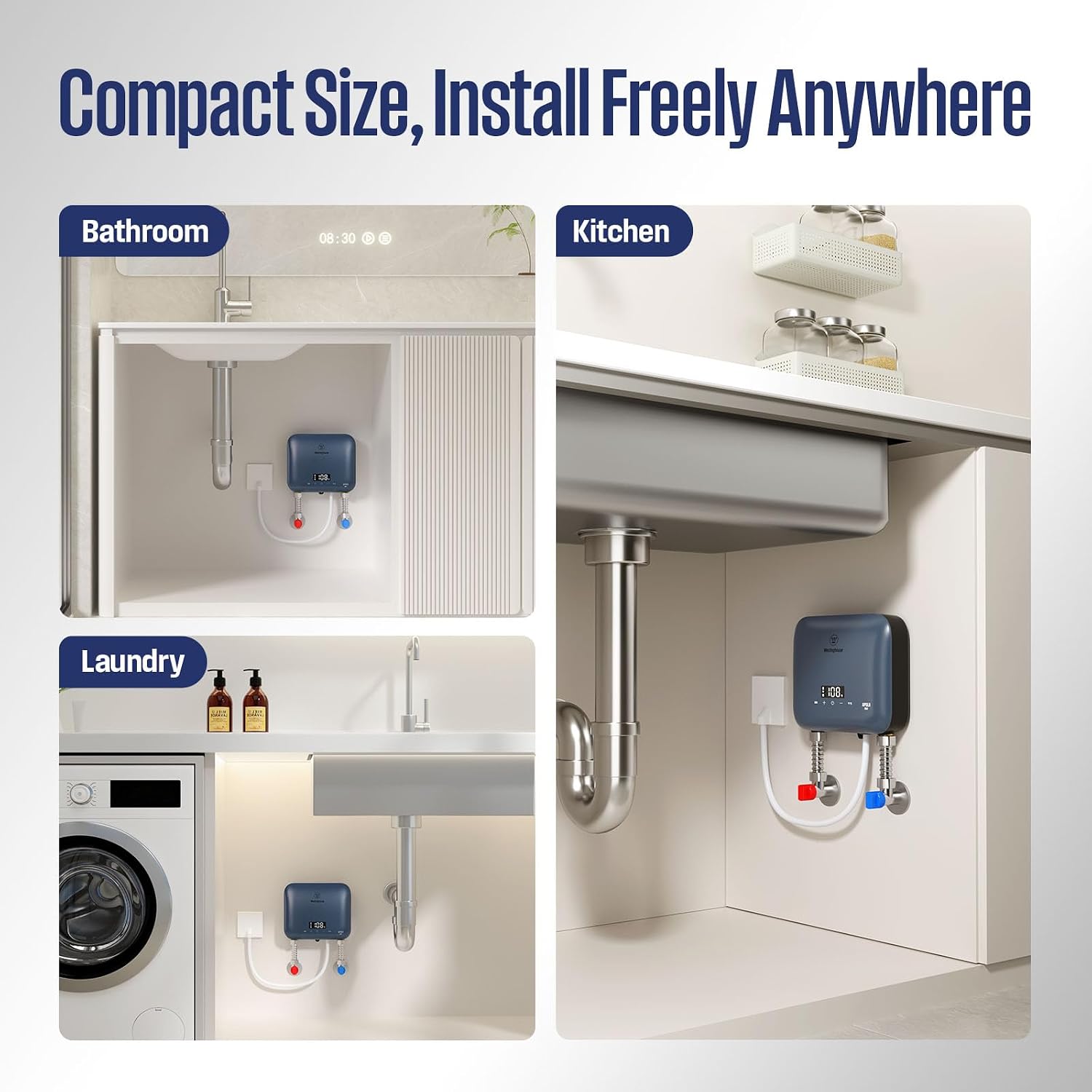 8kW Tankless Water Heater Electric, Low Watt 240V, Smart WiFi | Instant Hot Water Heater, Under Sink Water Heater
