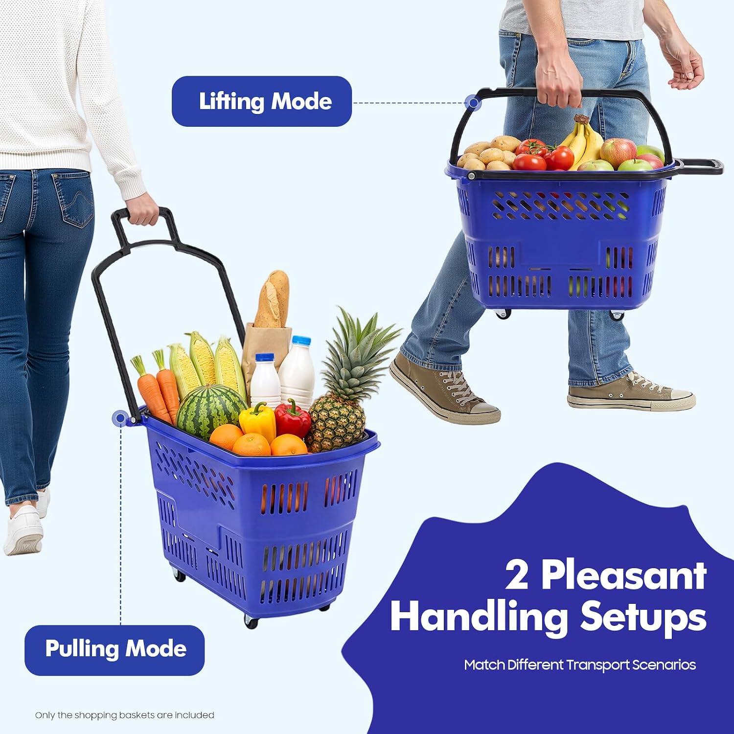 Shopping Carts, 6 Pcs 35L Durable Rolling Shopping Baskets Set with Wheels, 110 Lbs Capacity Portable Plastic Grocery