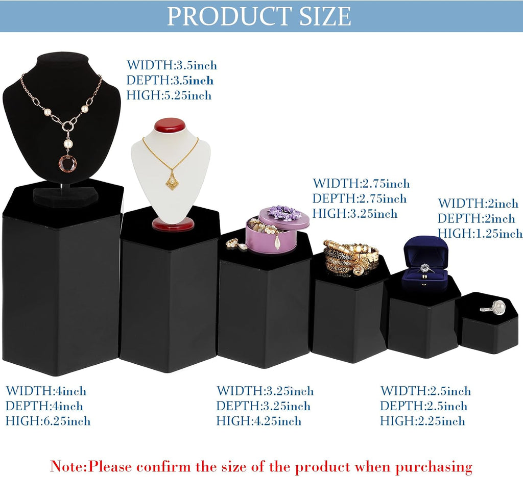 6 Pcs Hexagonal Jewelry Display Risers Acrylic Stands,Black | 6 Size, Hexagonal Market Display Risers, Acrylic