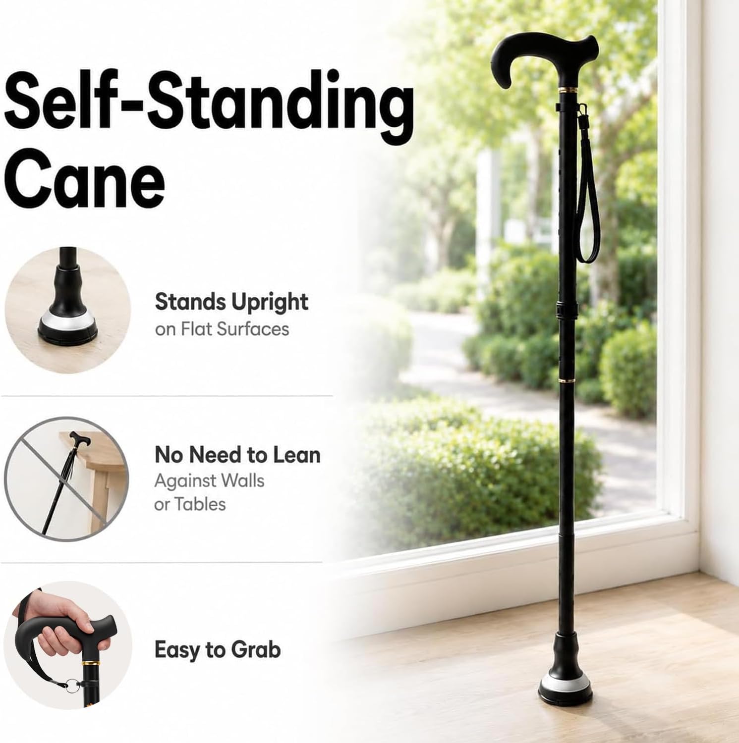 GlowGuard Walking Cane for Men & Women - Extra-Wide 2.68" Glow Cane Tip with Photoluminescent Ring, Height Adjustable