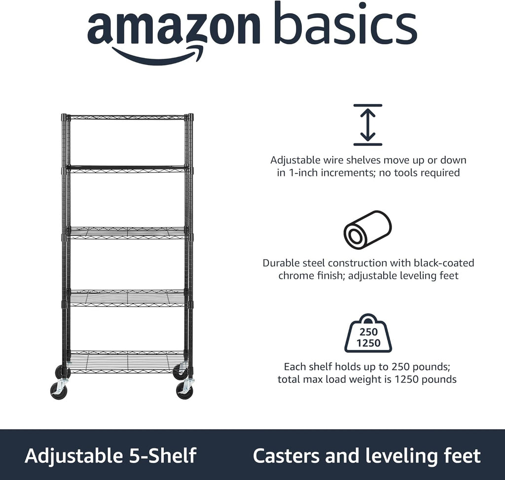 5-Shelf Heavy Duty Garage Shelving Storage Rack with 4" Wheel Casters, Adjustable Metal Wire Organizer, 300 lbs Per