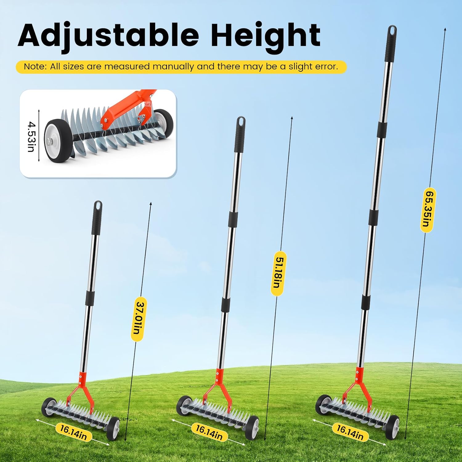 Thatch Rake with Wheels, 37-65.35'' Adjustable Dethatching Roller Rake Adjustable 0-12° Angle Stainless Steel Blades