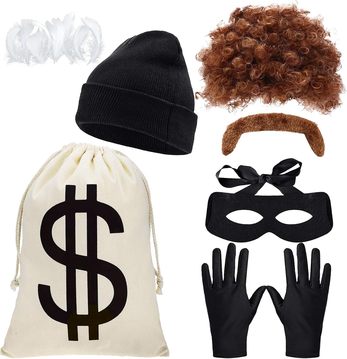 Robber Costume Accessory Halloween 7Pcs Bank Thief Money Bag Hat Wig | Money Bag, Bat Eye Mask, Beanie Hat, Gloves