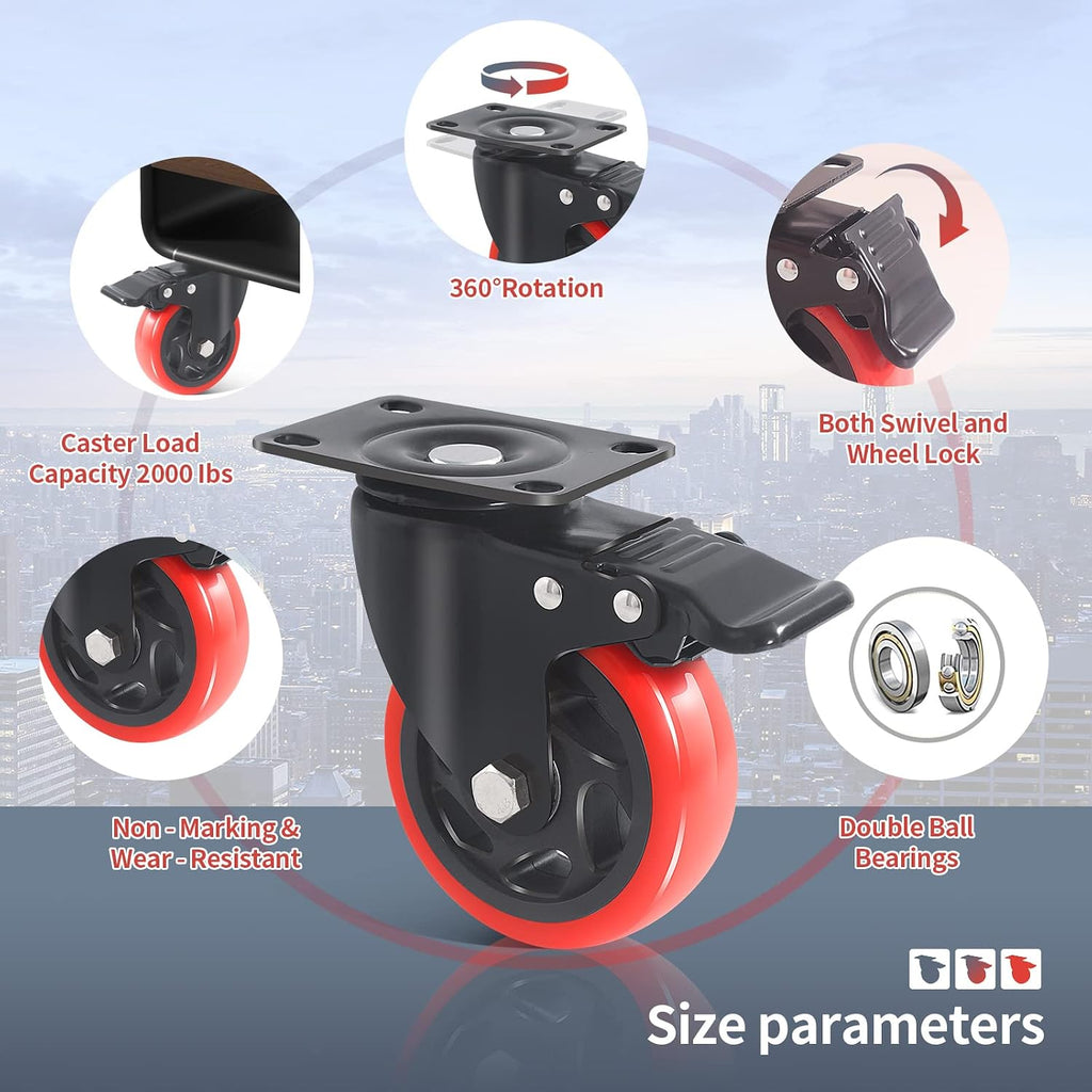 4" Swivel Caster with Brake, 4-Pack Heavy Duty Easily Handles 2000LBS, Safety Dual Locking Industrial Casters