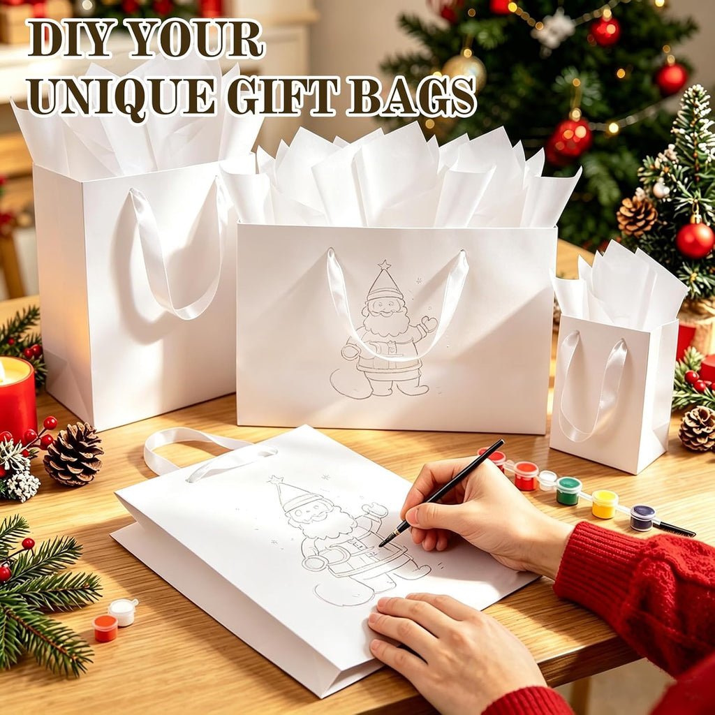 6 Pack White Gift Bags with Handles and 12 Tissue Papers