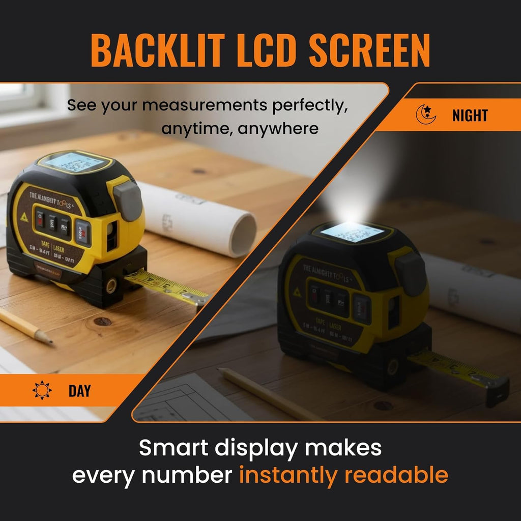 The Almighty Ruler Laser Tape Measure | Laser Distance Measurer, Heavy-Duty Tool with Cross Marking Feature, Smart