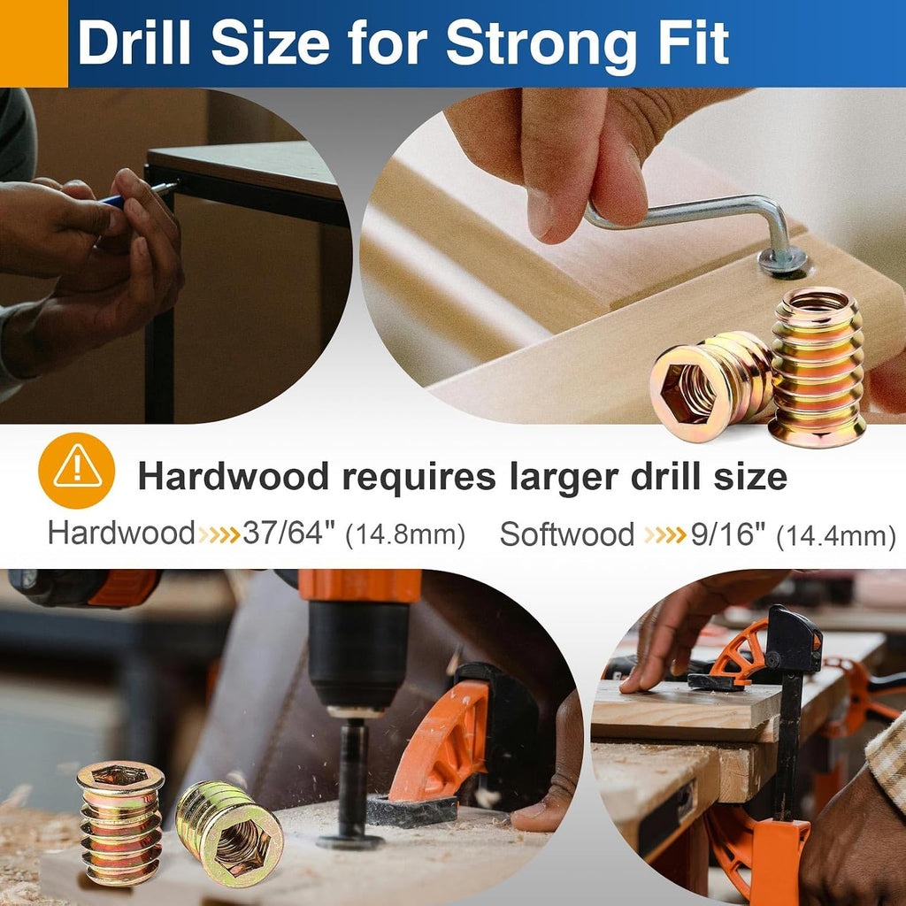 12PCS 3/8"-16 x 25mm Threaded Inserts for Wood, Hex Drive Nuts