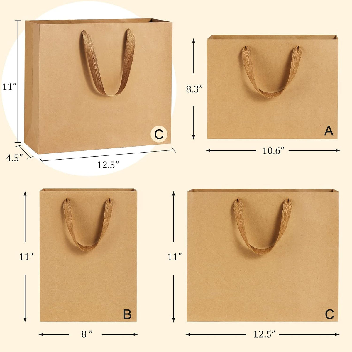 Gift Bags with Handles 12.5x4.5x11 Inch Large Brown 25 Pack