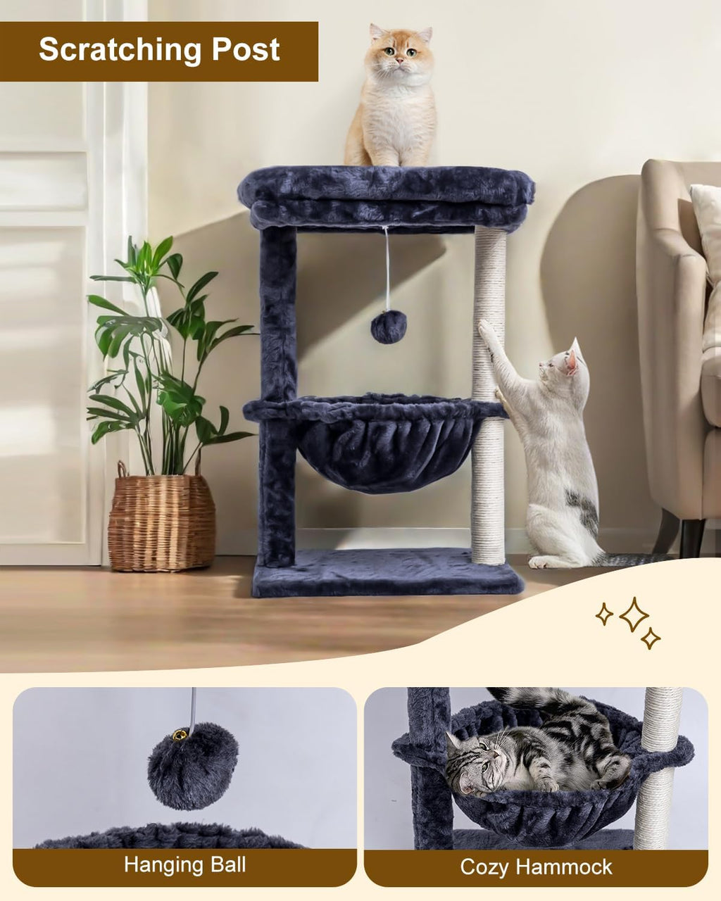 Small Cat Tree for Indoor Cats, Activity Cat Tower with Scratching Post for Kittens, Cat Condo & Furniture with