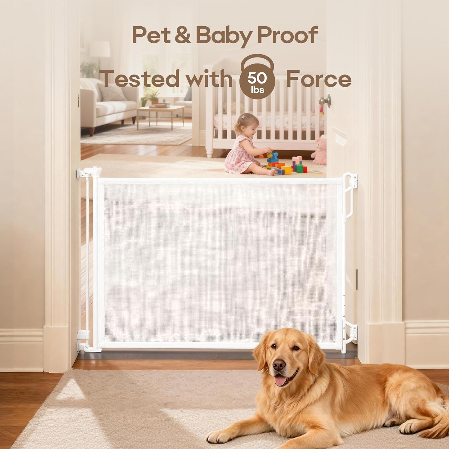 Retractable Safety Baby Gate or Mesh Dog Gate,Durable Portable Mesh Retractable Gate,Easy to Use for Stairs