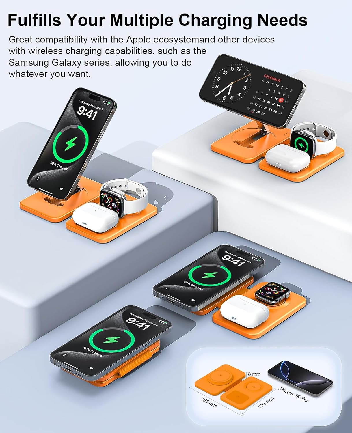 3 in 1 Magnetic Wireless Charger for Apple Multiple Devices, Foldable Fast Charging Station - Magsafe Charger Stand