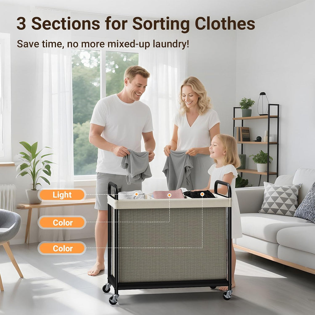 Laundry Hamper 3 Section, 120L Rolling Laundry Sorter with Wheels | Removable Washable Liner Bags, Sturdy Steel Frame