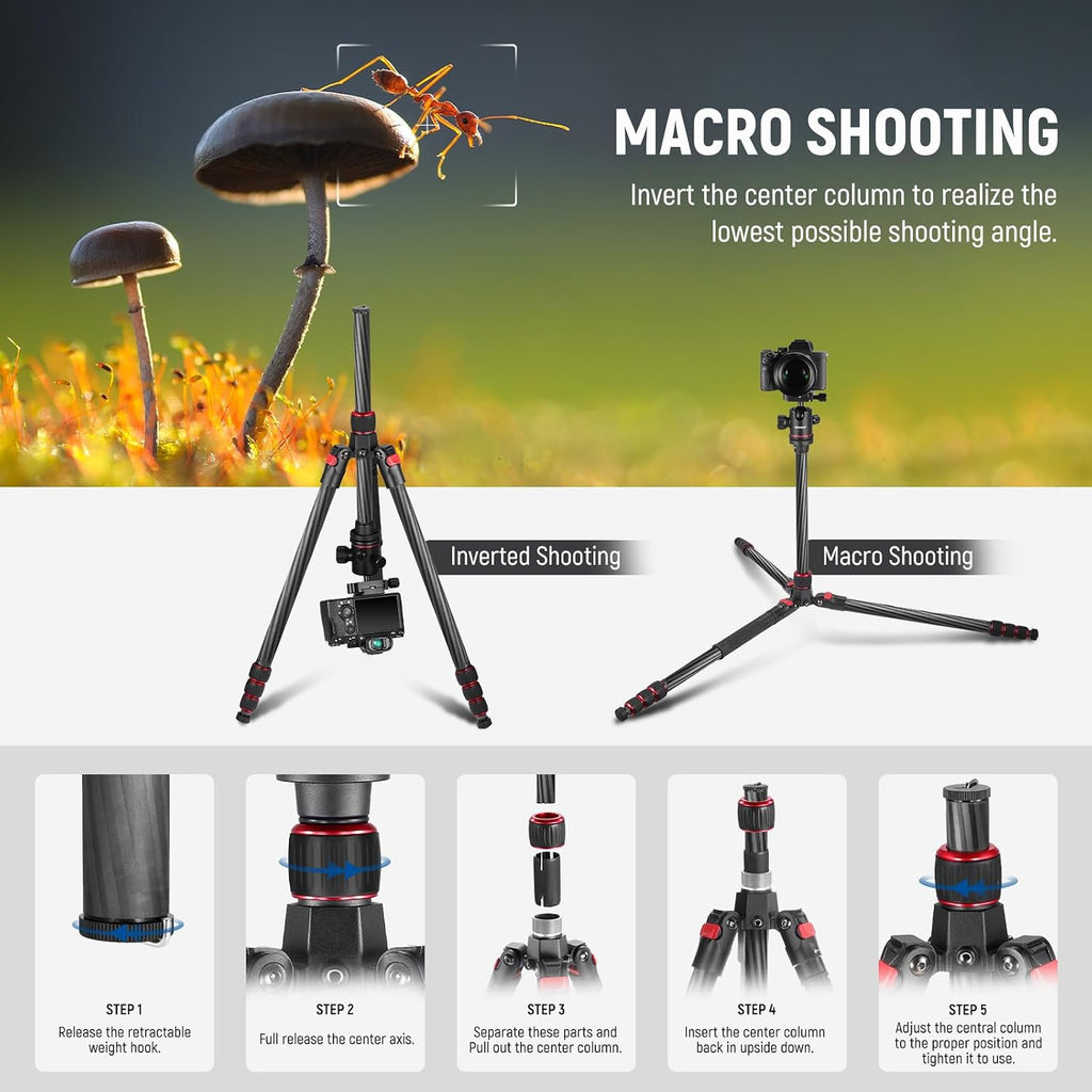 66"/168cm Carbon Fiber Camera Tripod with 360° Ball Head, N55C | Panorama, 1/4" Arca QR Plate, Portable Bag, Compact