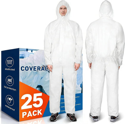 2 Pack/25 Pack Hazmat Suits Disposable Protective Coveralls | Heavy Duty Full Body Painters Suit for Men & Women