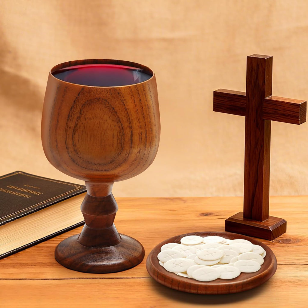 Handmade Wooden Communion Chalice Cup with Tray – Vintage Goblet Wine Cup for Christian Church Ceremony (5.1 Inches)