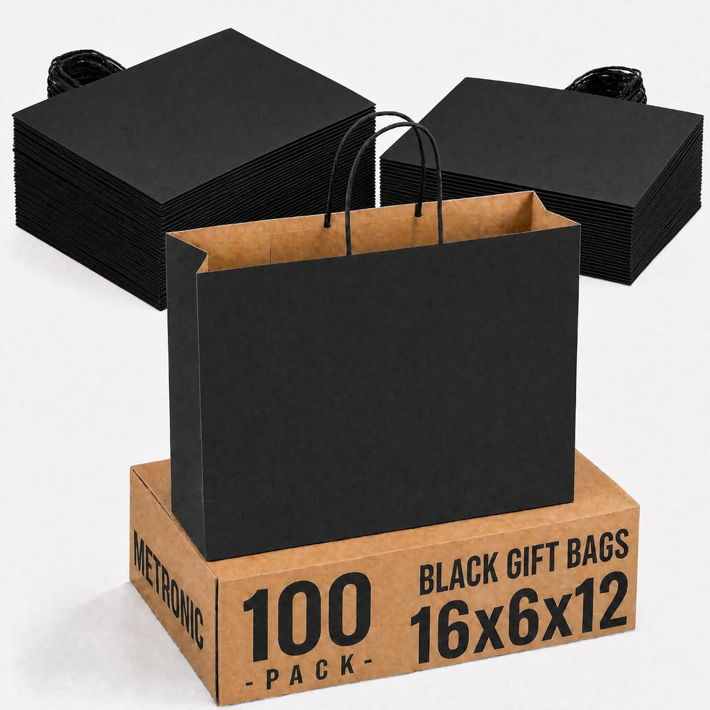 Large Black Paper Bags With Handles 16x6x12 Inch 100 Pack