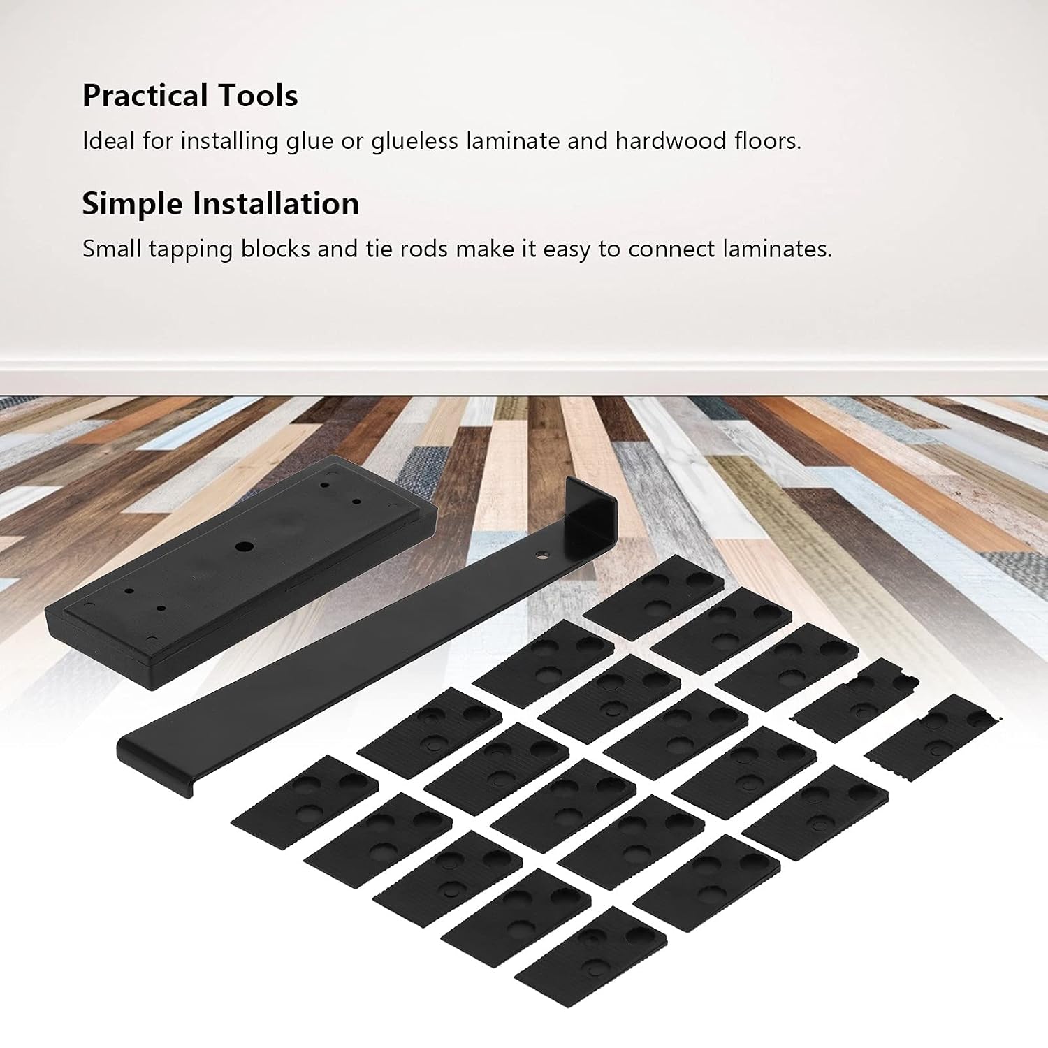 Floor Install Kit, Laminate Wood Flooring Installation Kit, Pull Bar, Black Tapping Block, 20 x Black Spacer, Black
