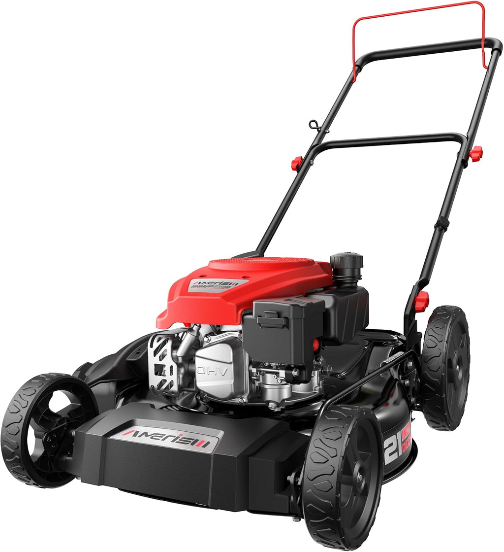 21-Inch 2-in-1 Gas Push Lawn Mower, 144cc OHV Walk-Behind Mower for Yard, Mulching Side Discharge, 1.5–3.9 in