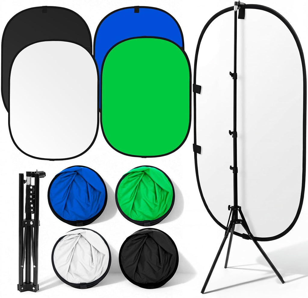 2 Pack Foldable Photo Backdrop with Stand, 3.3 x 5 ft Double Sided Green Blue Black White 2 in 1 Screen, Portable