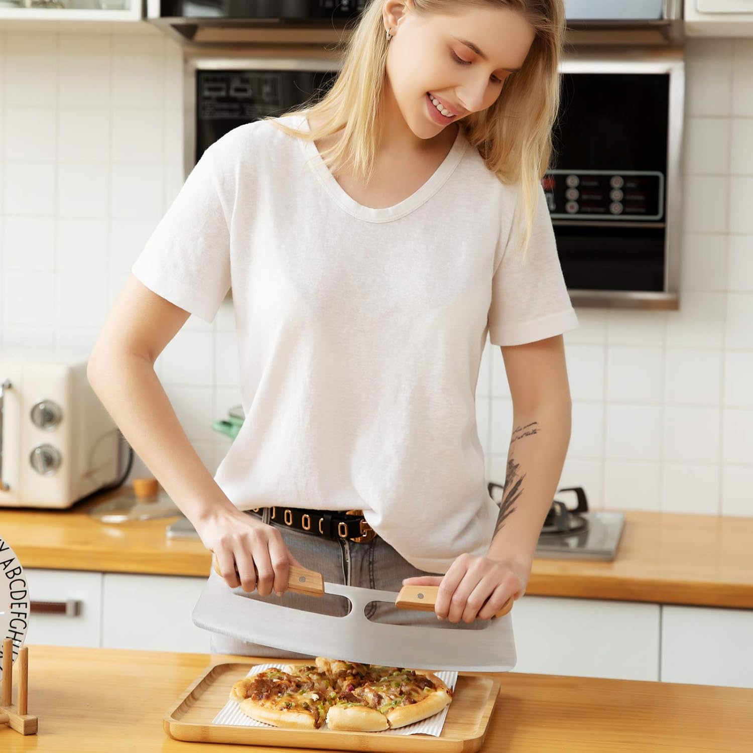 Pizza Cutter Rocker with Wooden Handles & Protective Cover by ZOCY, 14" Sharp Stainless Steel Pizza Slicer Wheel, Big