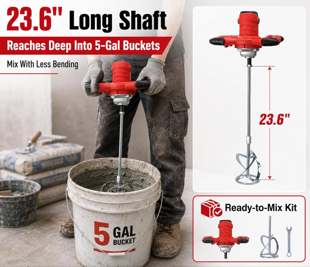 2100W Cement Mixer, 110V 6-Speed Handheld Electric Concrete & Mortar Mixer with Paddle, Copper Motor Mud Mixer for