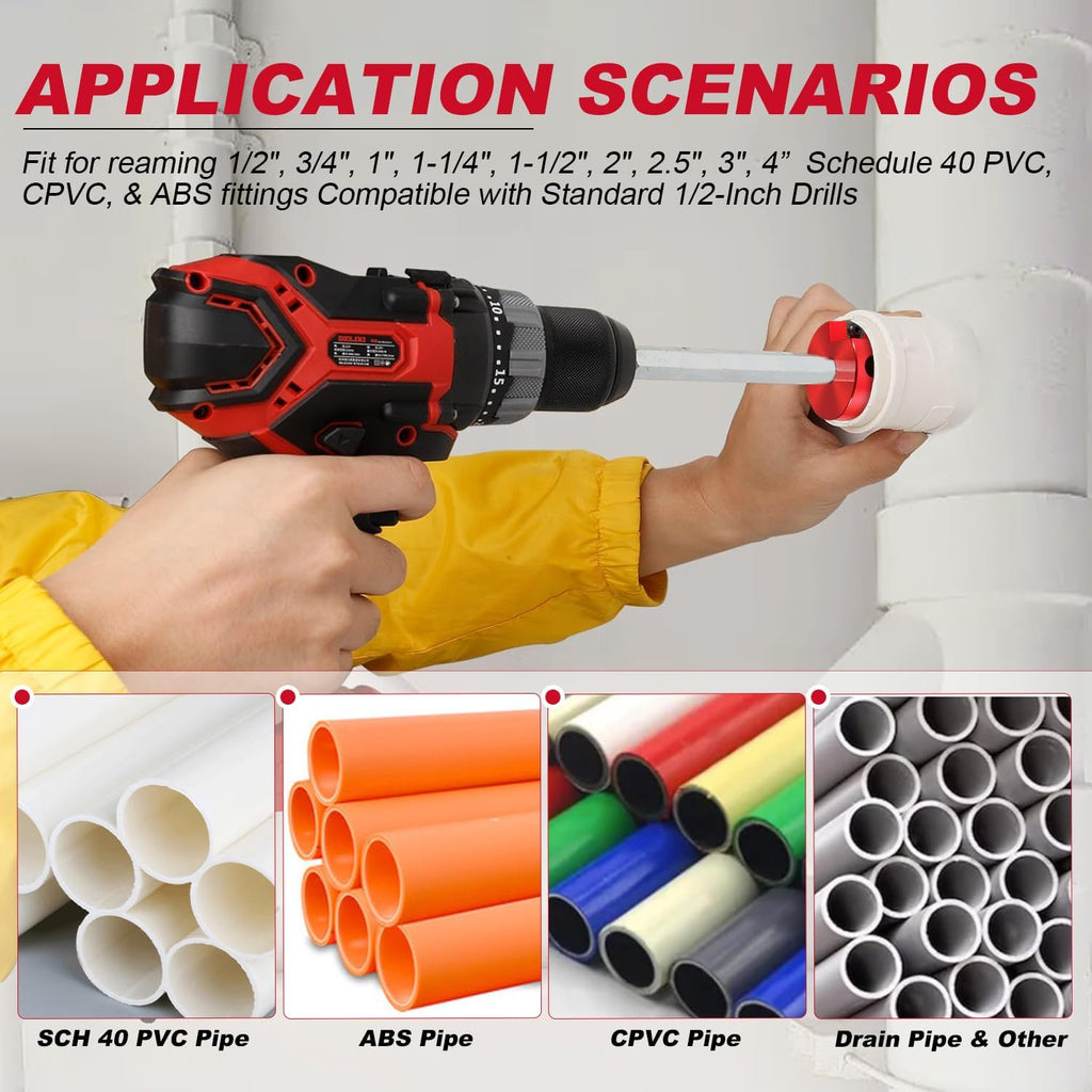 9-Piece PVC Pipe Reamer Kit for 1/2" Drills - 1/2",3/4",1",1-1/4",1-1/2",2",2.5",3",4” Inner Cutter Tool Reamer for