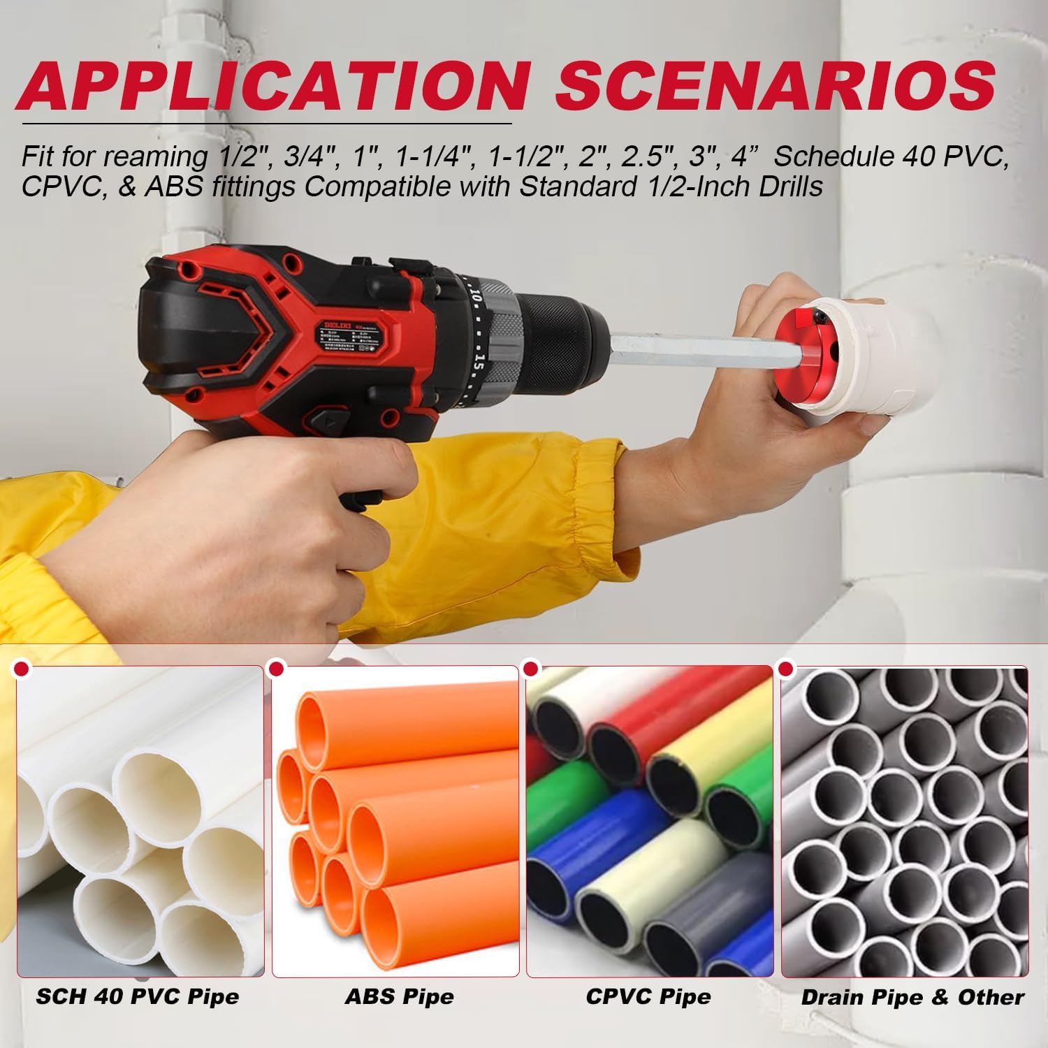 9-Piece PVC Pipe Reamer Kit for 1/2" Drills - 1/2",3/4",1",1-1/4",1-1/2",2",2.5",3",4” Inner Cutter Tool Reamer for