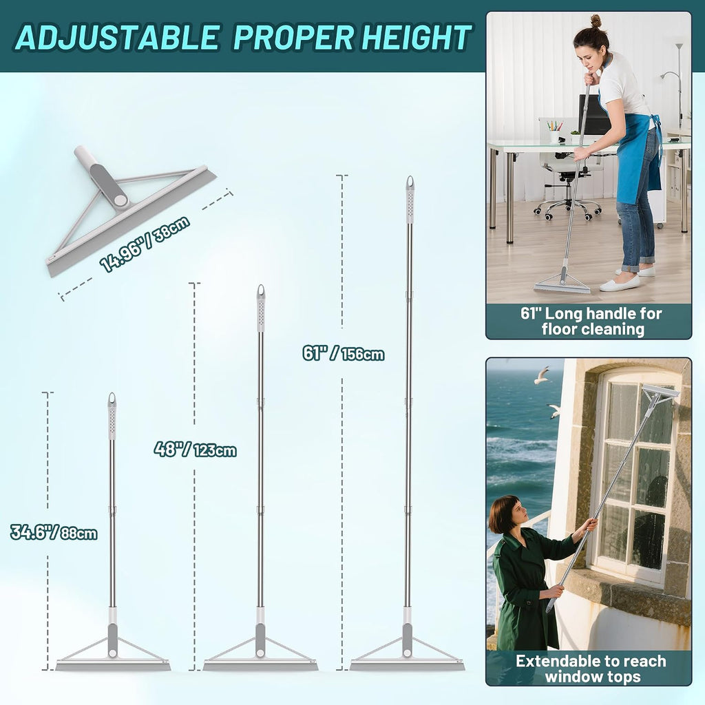 Floor Squeegee Broom Rubber Window Squeegee for Floor 61" Long Handle Adjustable Floor Wiper for Concrete Tile Shower