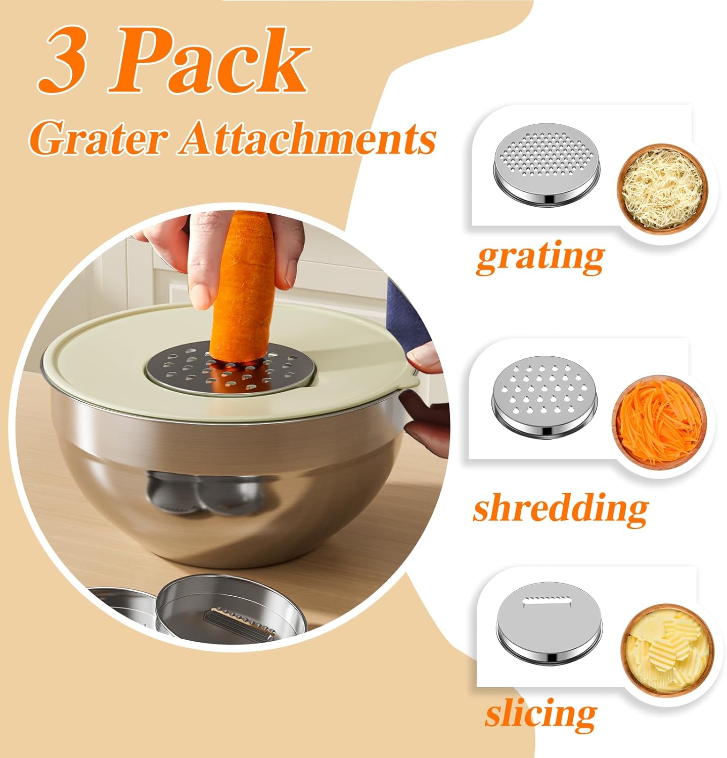 Mixing Bowls with Lids Set, 6 PCS Stainless Steel Mixing Bowls with 3 Grater Attachments, Kitchen Food Storage