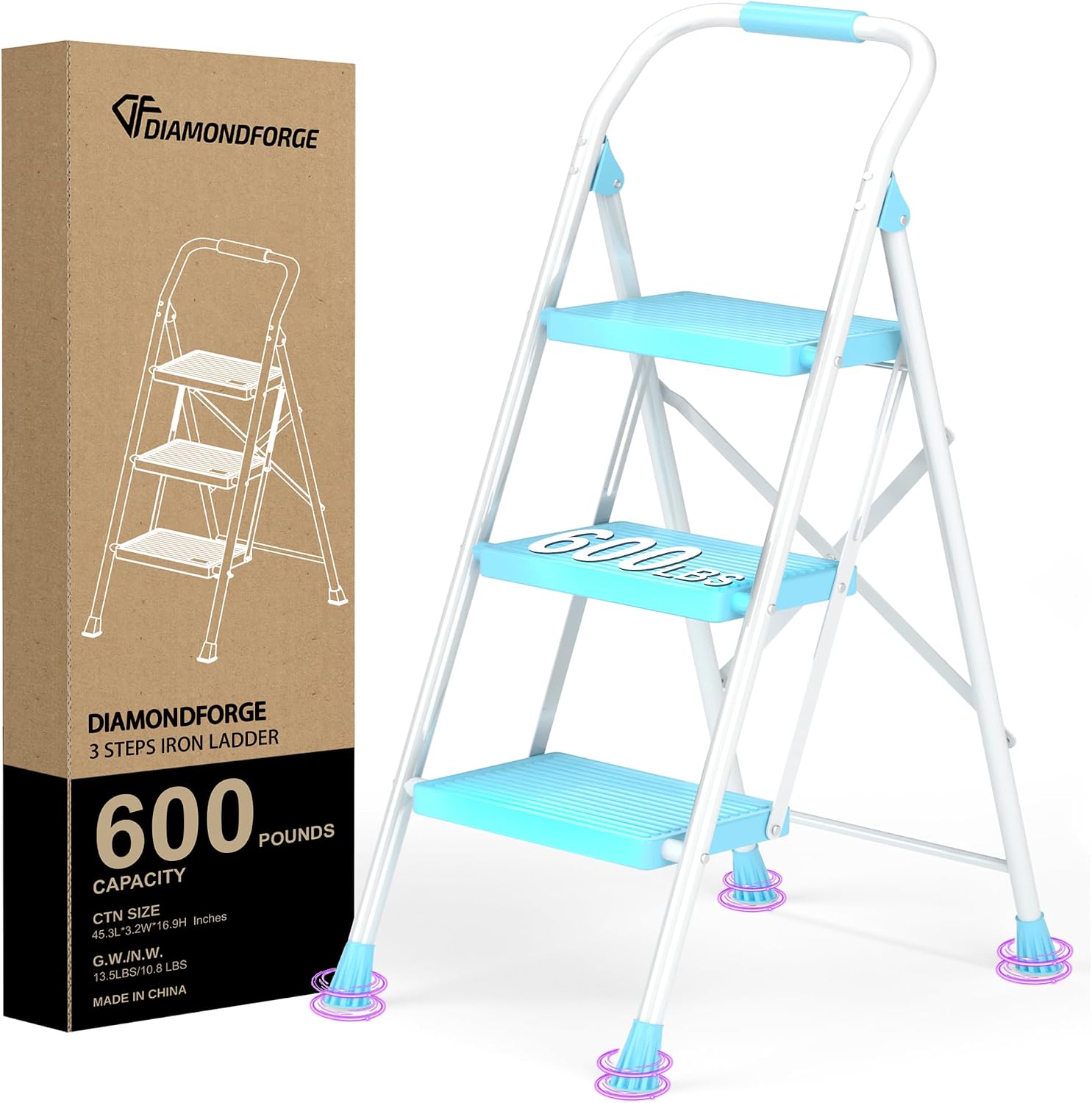Step Ladder Foldable Folding Stool - for Home Adults Kitchen 3 Stepping Extension Tall Heavy Duty with Handrails