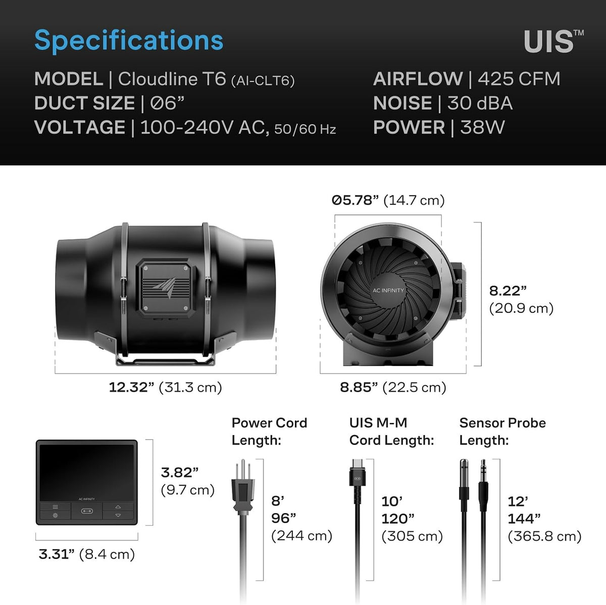 AC Infinity CLOUDLINE T6, Quiet 6” Inline Duct Fan w/Environment Controls
