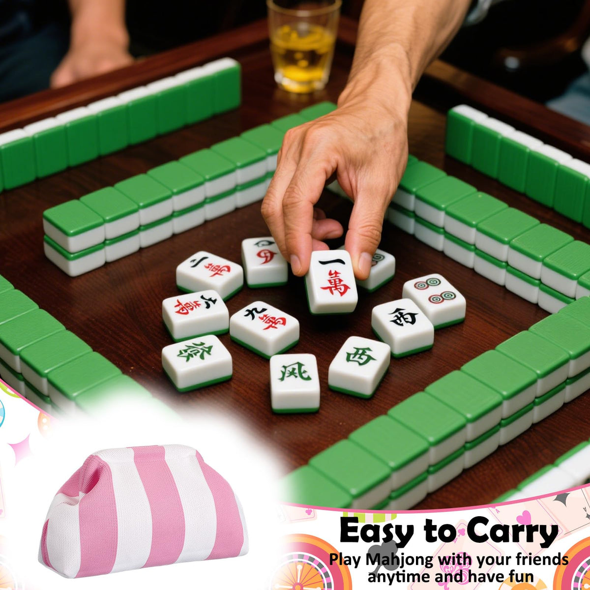 Mahjong Tile Bag Striped Clutch Pink White Thick Lines