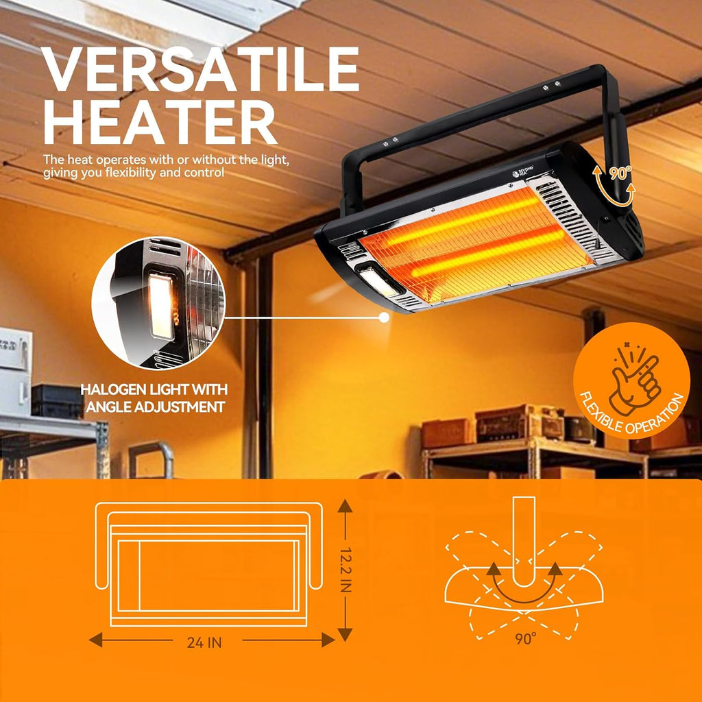 Electric Garage Heater 120V, 1500W Radiant Space Heater, 2-Pack | Ceiling Mount Space Heater with 90° Adjustable