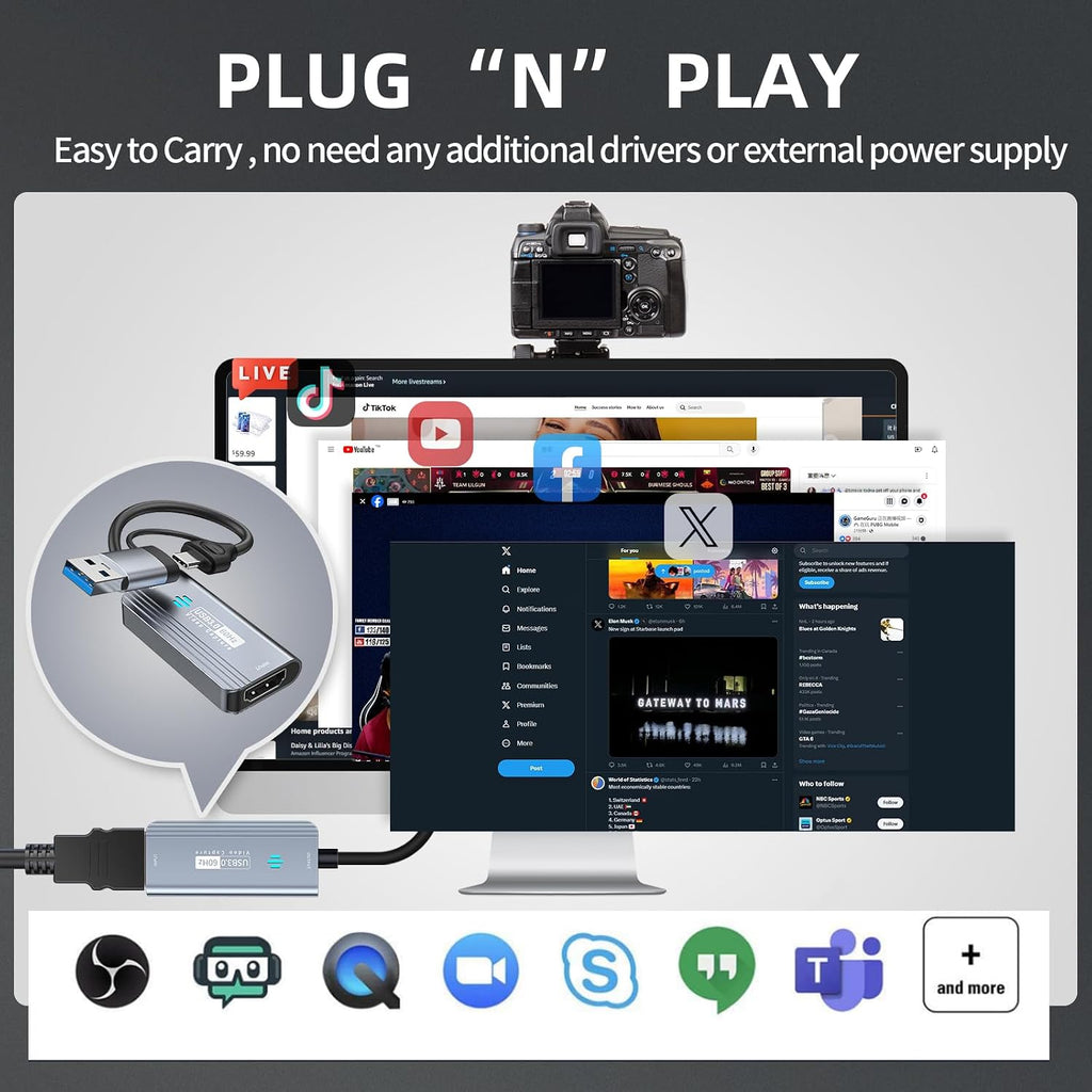 Video Capture Card, 4K Input HDMI to USB 3.0 A/C, 2K 30FPS Capture | 1080P 60FPS Capture Card for Streaming