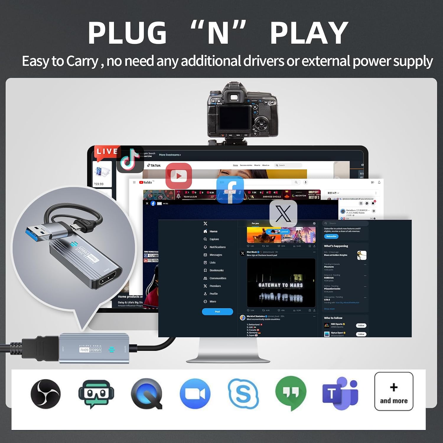 Video Capture Card, 4K Input HDMI to USB 3.0 A/C, 2K 30FPS Capture | 1080P 60FPS Capture Card for Streaming
