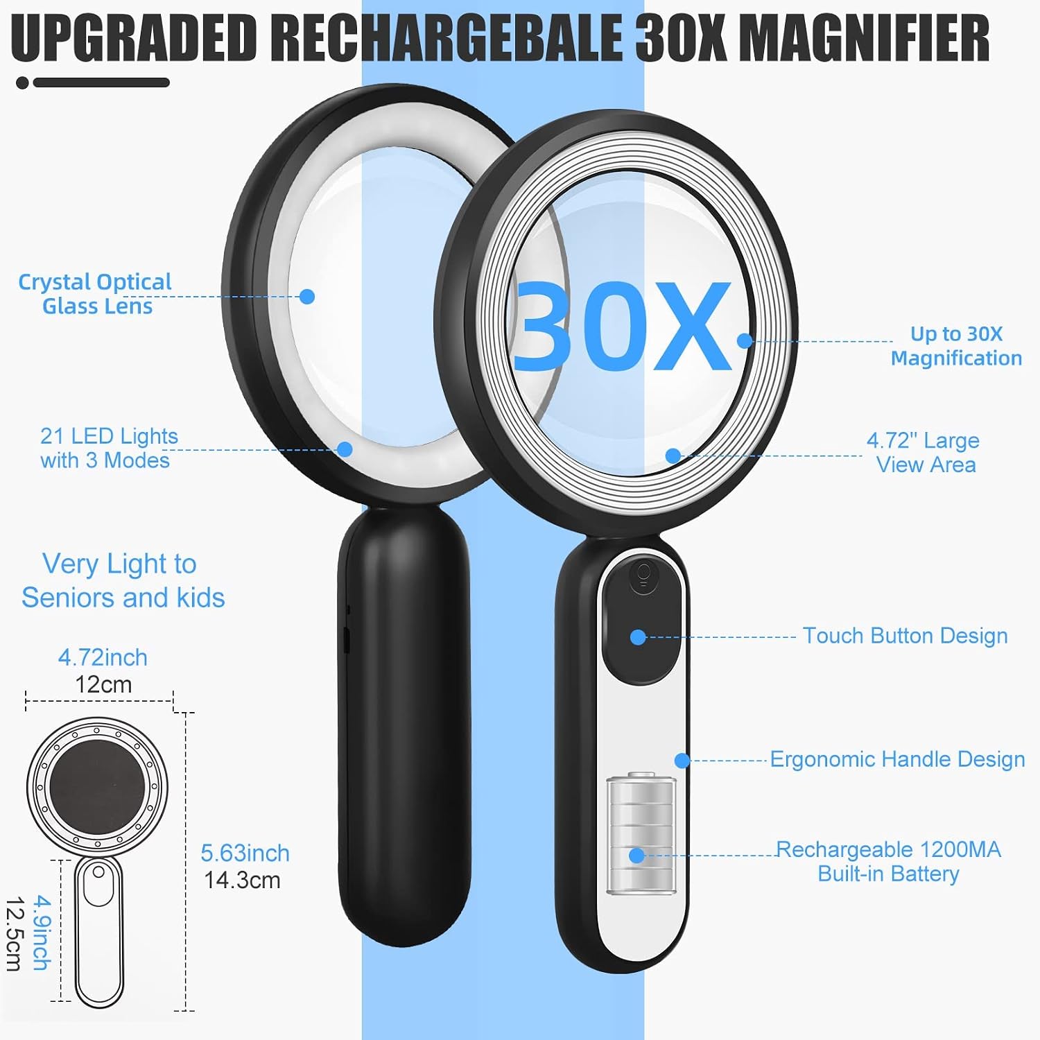 Rechargeable Magnifying Glass with Light, 30X 4.7IN Handheld Large Lightweight Lighted Magnify Len 21 LED 3 Modes