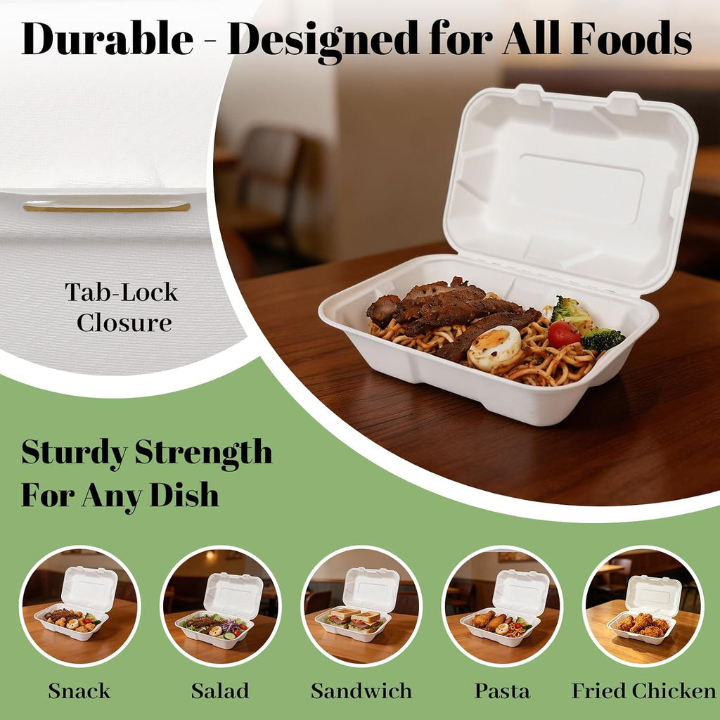 100 Pack 9×6 Inch White Compostable Bagasse Takeout Food Containers