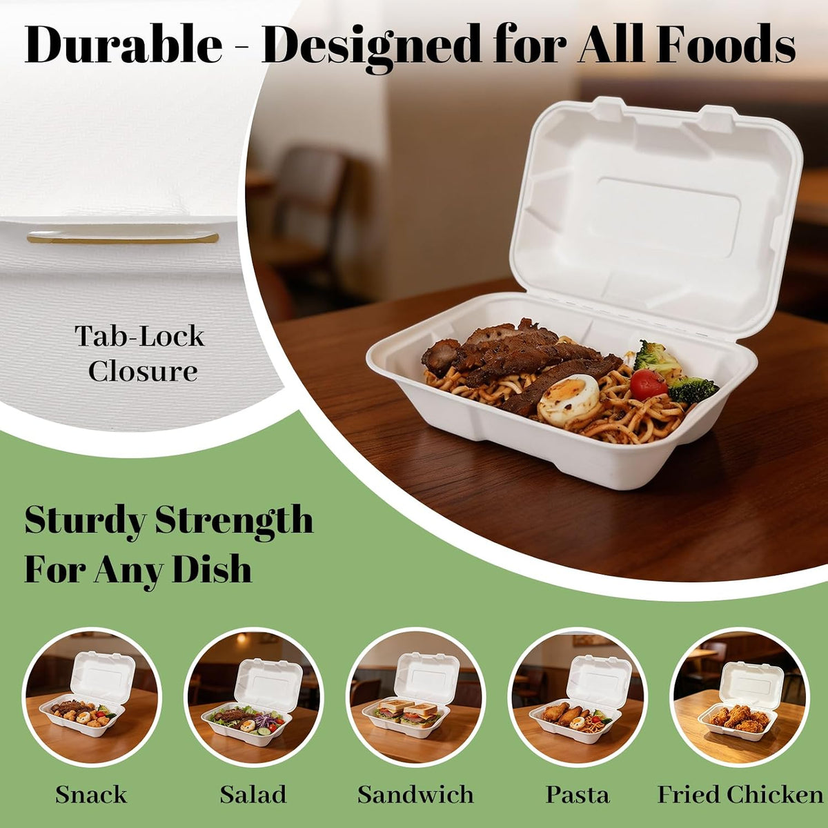 100 Pack 9×6 Inch White Compostable Bagasse Takeout Food Containers