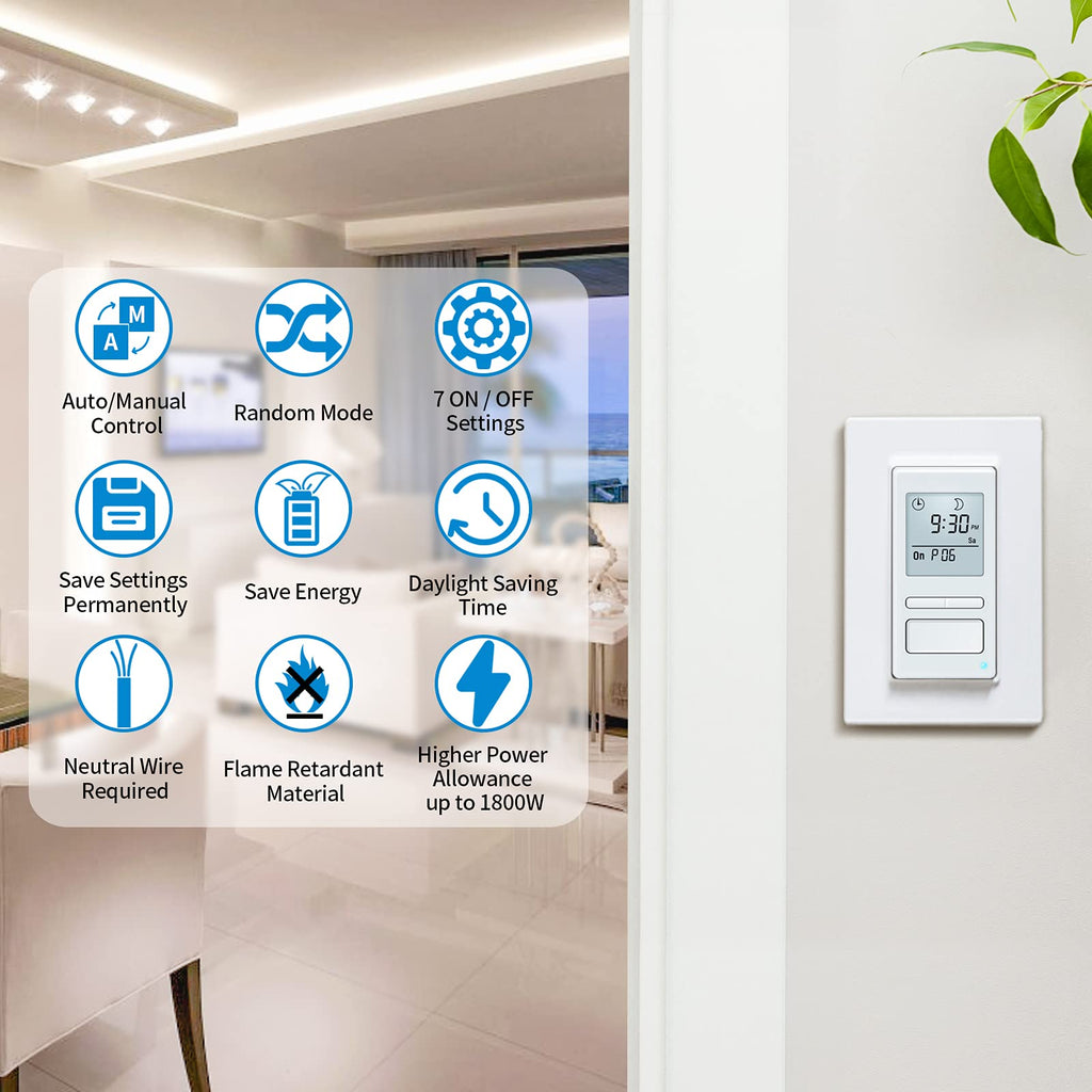 Ortis 7 Day Programmable in-Wall Timer Switch, Sunrise/Sunset Automatic Control and Random Security Mode, Digital Light Switch Timer Indoor with LCD Display for Lights/Fans, Neutral Wire Required