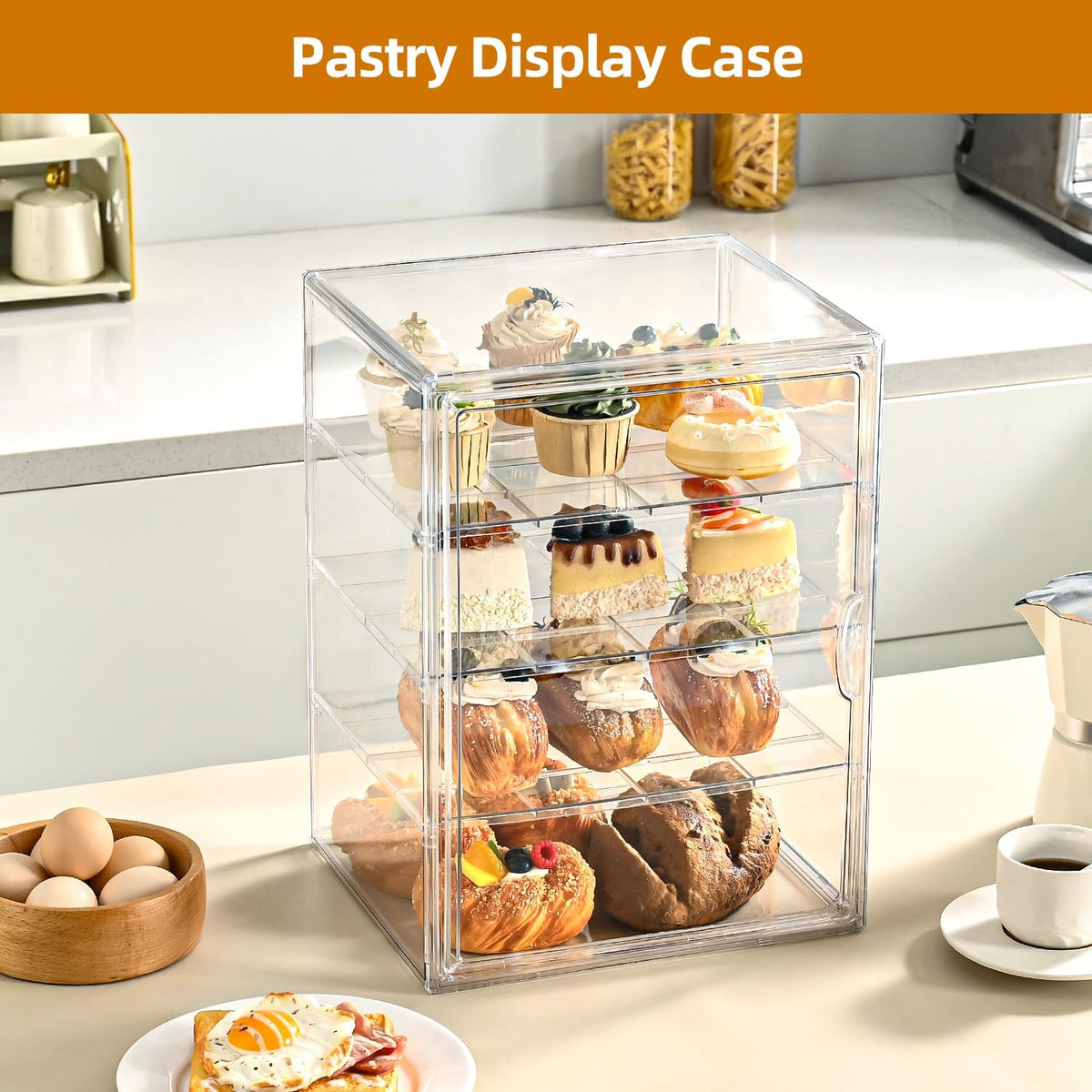 Pastry Display Case，4-Tier Adjustable Clear Bread Storage with Magnetic Door，Bread Box for Kitchen