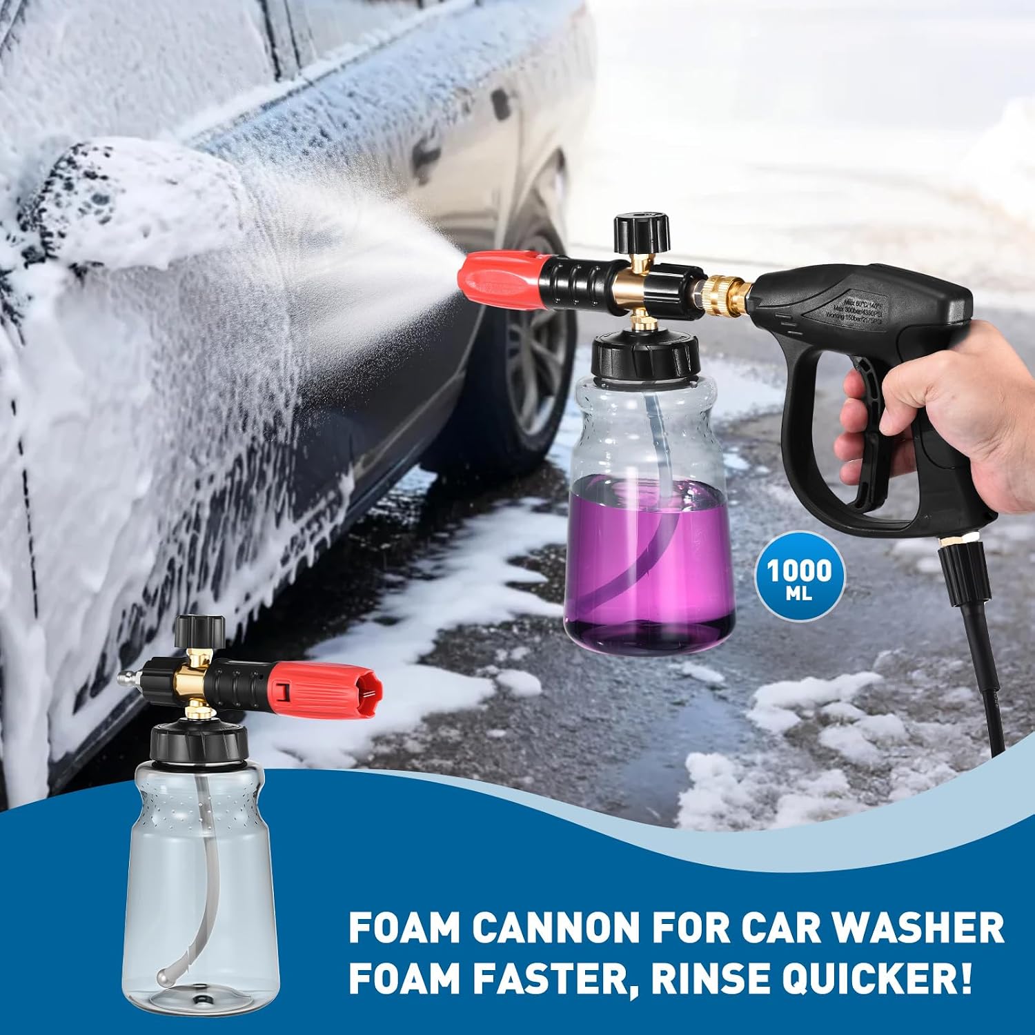 Foam Cannon for Pressure Washer, 1L Thick Foam Lance Soap Dispenser for Car Washing with Adjustable Thick Foam with