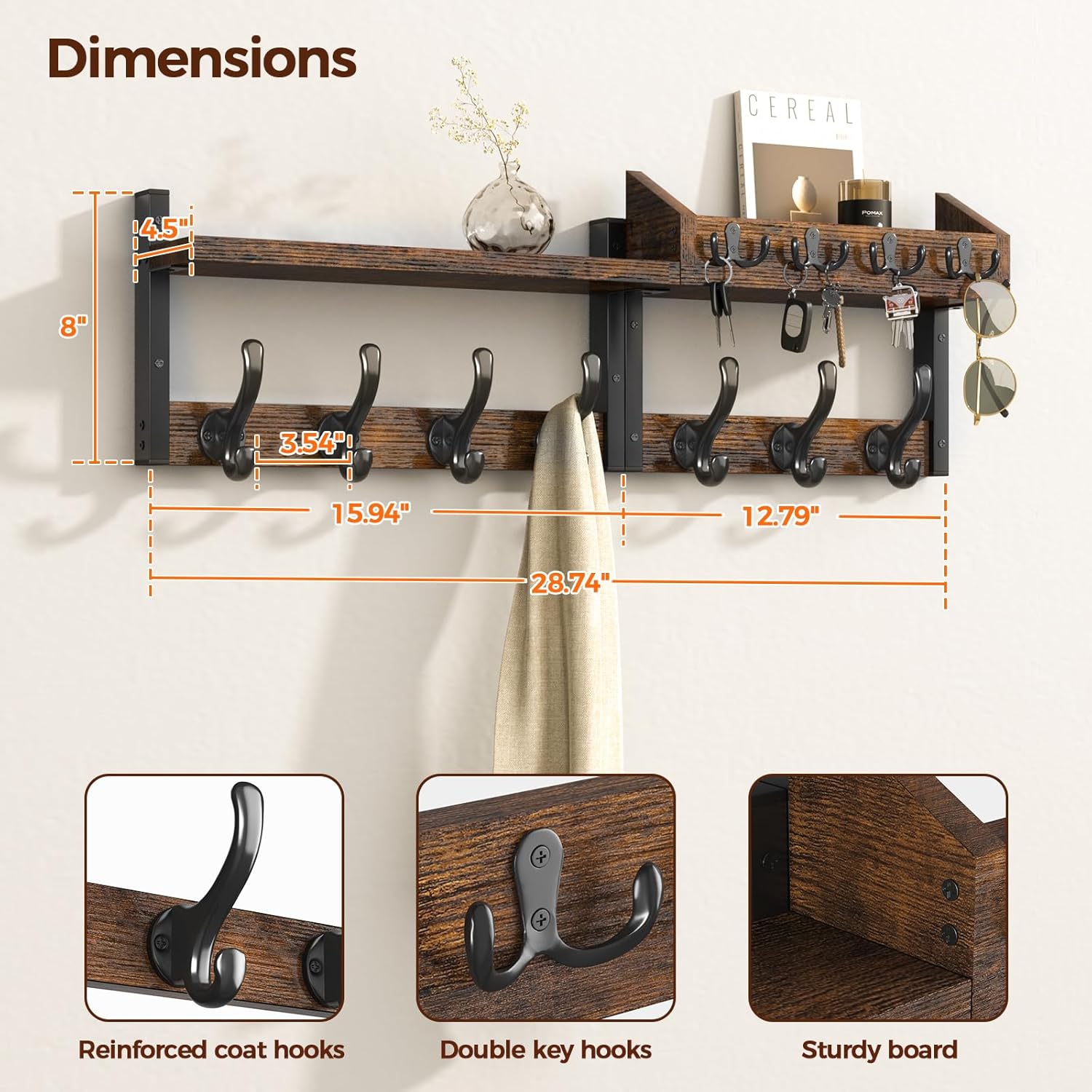 29" Coat Rack Wall Mount with Shelf, 4 in 1 Coat and Key Hanger with 11 Metal Hooks, Entryway Wall Mounted Shelf with