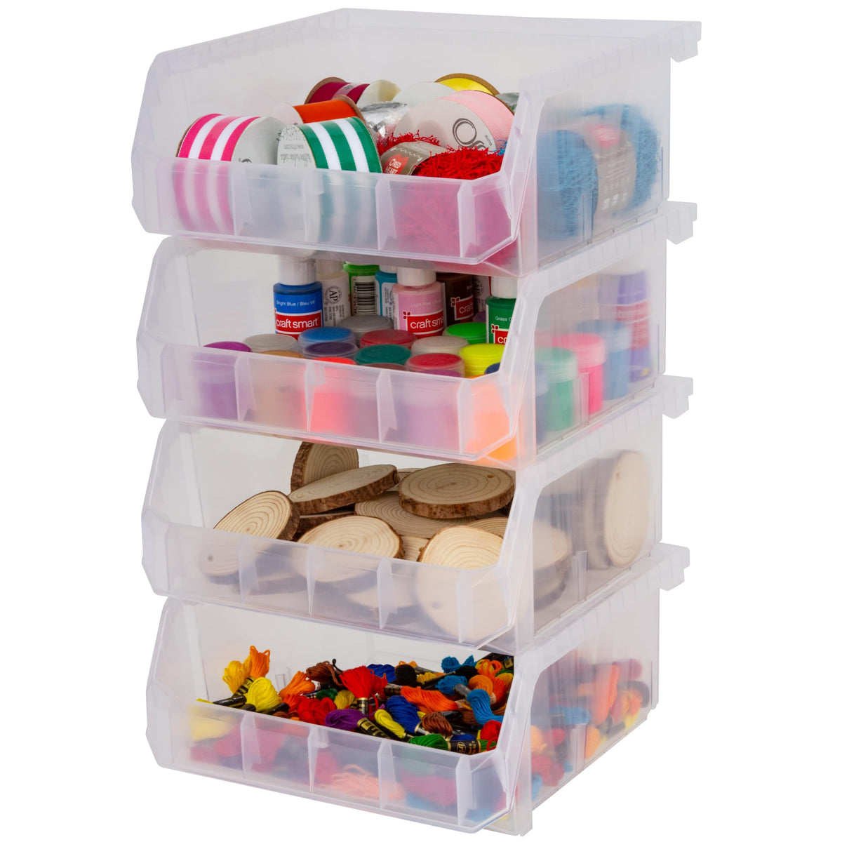 Medium-Wide Stackable Plastic Storage Bins, 4-Pack, Clear